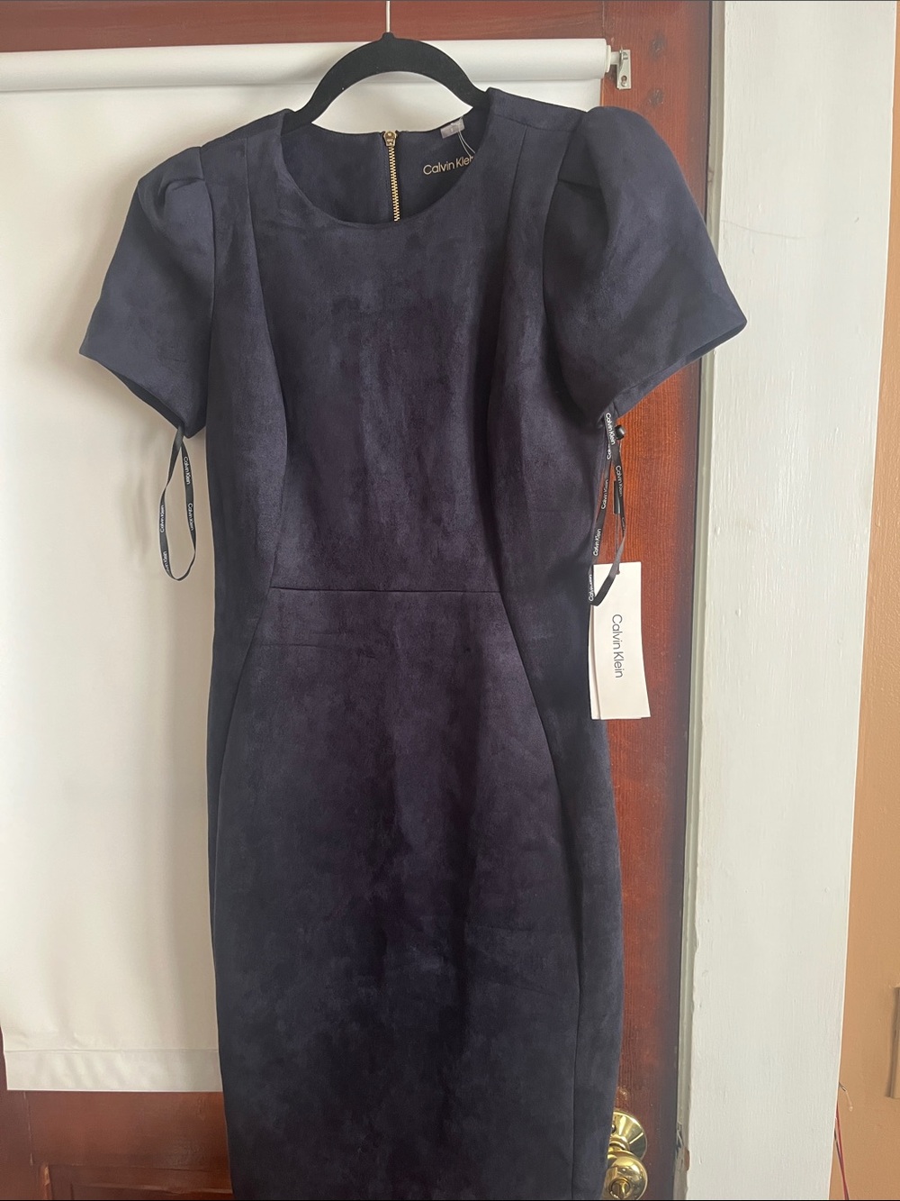Calvin Klein Navy Suede-Look Midi Sheath Dress